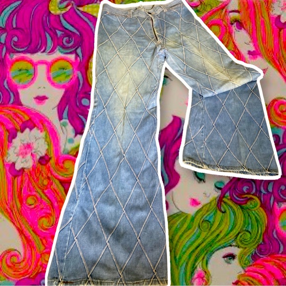 wild oats Denim - vintage WILD OATS pink stitch patchwork flare/bootcut/bell bottom denim jeans